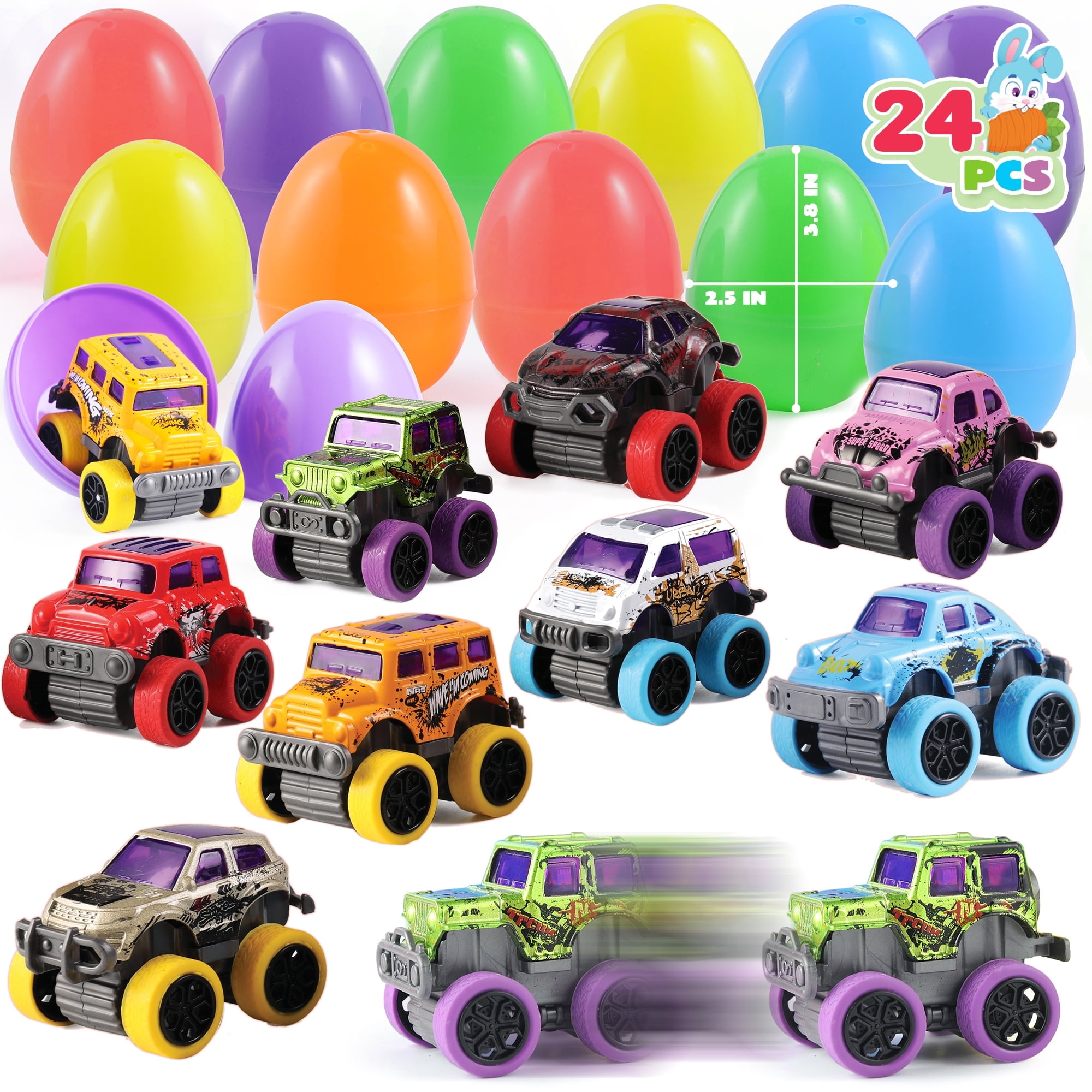Joyfy 24 Pcs Easter Eggs Filled with Toys(12 Cars and 12 Eggs),Easter Egg Fillers Mini Toys Truck Basket for Toddlers Kids Boys,Easter Egg Hunt Supplies